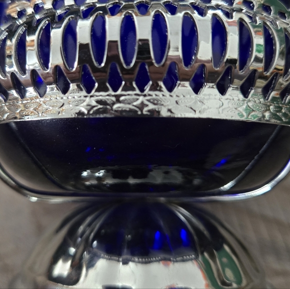 Moyell Classic Cobalt Blue Glass Chrome Creamer Sugar Bowl Filigree England NOS - Picture 6 of 11